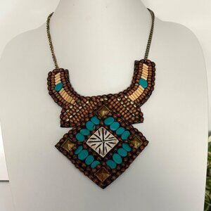 Boho Tribal Beaded Statement Necklace Brown Wood Turquoise Color Bib Pendant